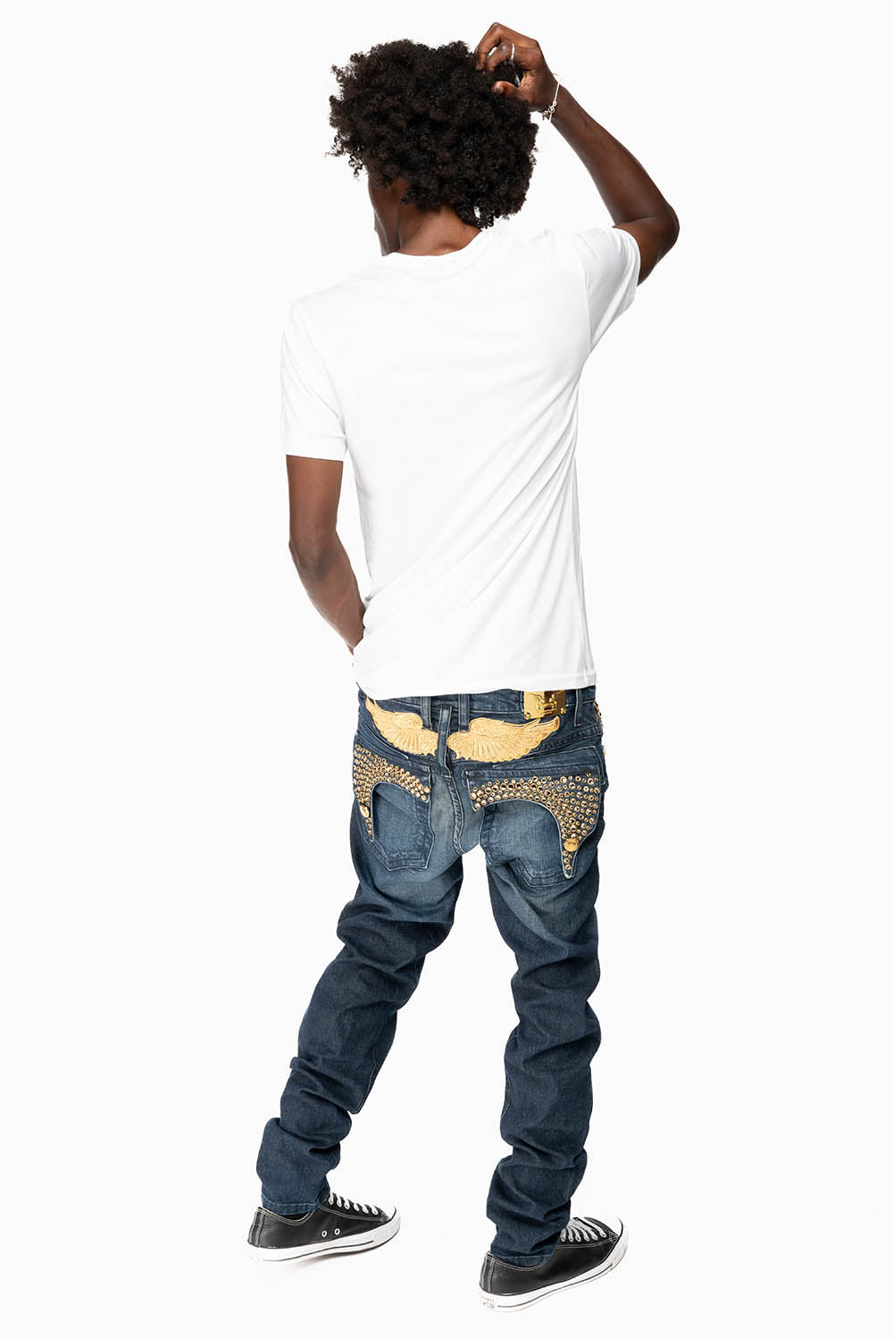 KILLER FLAP MENS SKINNY JEANS IN DARK BLUE WITH GOLD WINGS AND FULL CRYSTAL