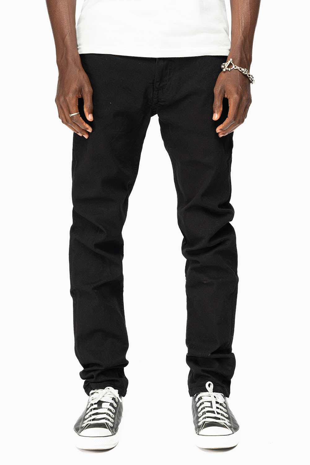 KILLER FLAP MENS SKINNY JEANS IN PURE BLACK WITH EMBELLISHED GOLD ROBIN’S LOGO AND CRYSTALS