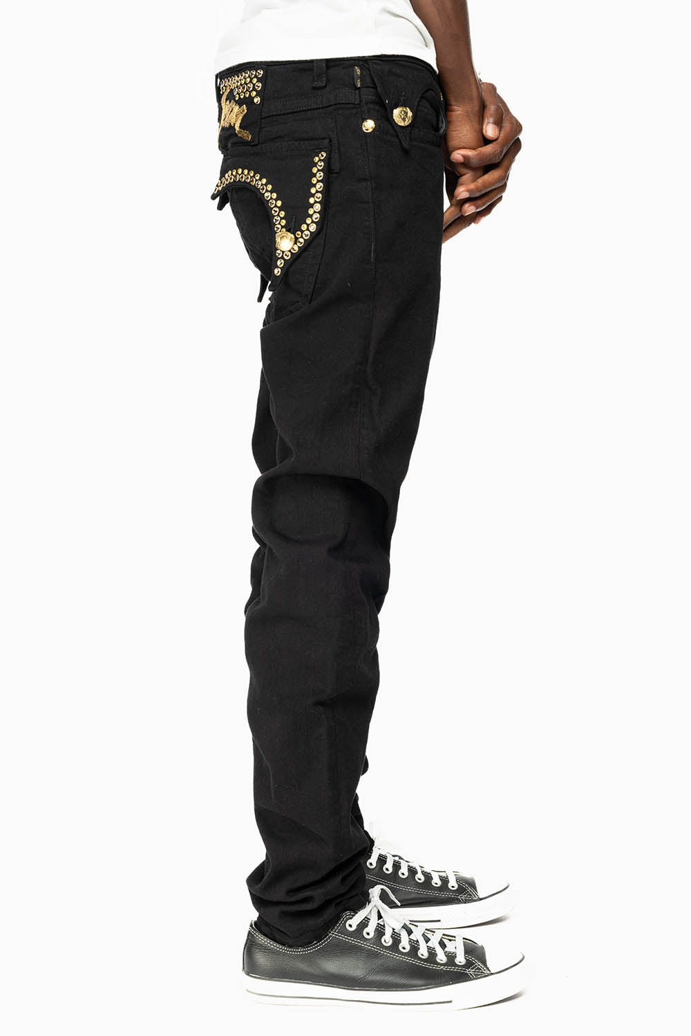 KILLER FLAP MENS SKINNY JEANS IN PURE BLACK WITH EMBELLISHED GOLD ROBIN’S LOGO AND CRYSTALS