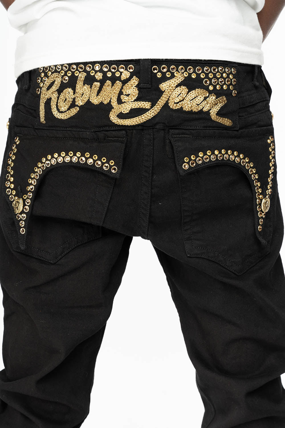 KILLER FLAP MENS SKINNY JEANS IN PURE BLACK WITH EMBELLISHED GOLD ROBIN’S LOGO AND CRYSTALS