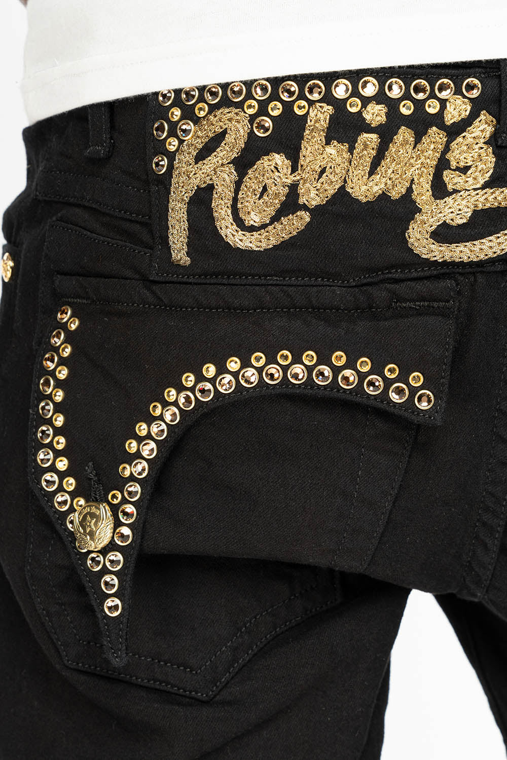 KILLER FLAP MENS SKINNY JEANS IN PURE BLACK WITH EMBELLISHED GOLD ROBIN’S LOGO AND CRYSTALS