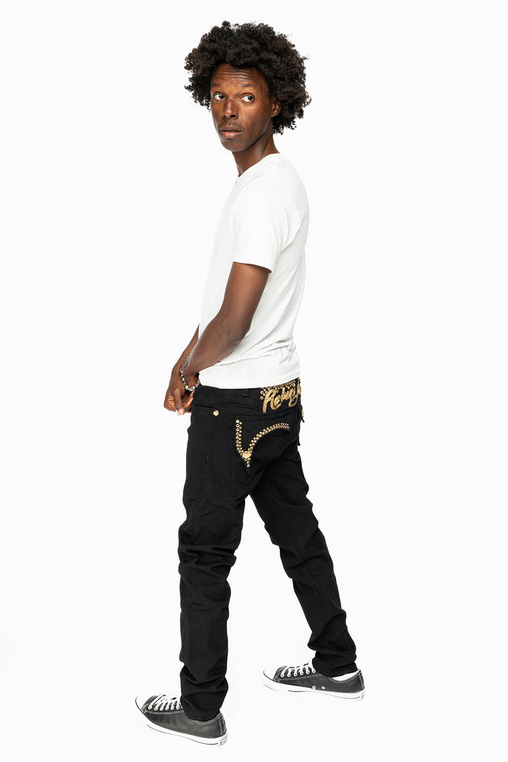 KILLER FLAP MENS SKINNY JEANS IN PURE BLACK WITH EMBELLISHED GOLD ROBIN’S LOGO AND CRYSTALS