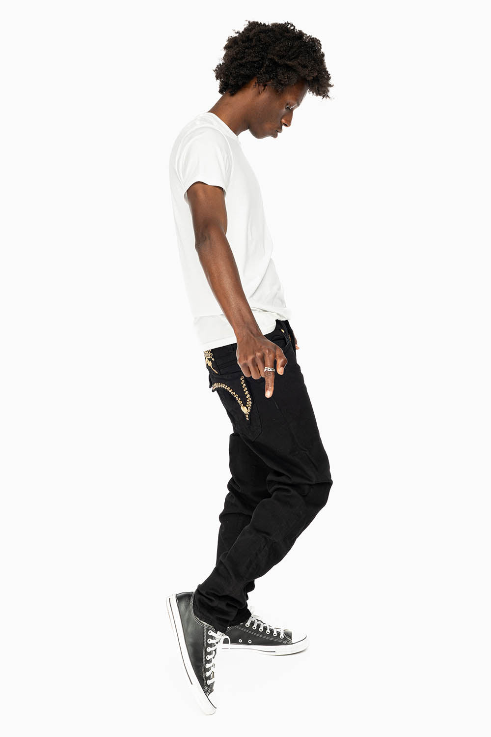 KILLER FLAP MENS SKINNY JEANS IN PURE BLACK WITH EMBELLISHED GOLD ROBIN’S LOGO AND CRYSTALS