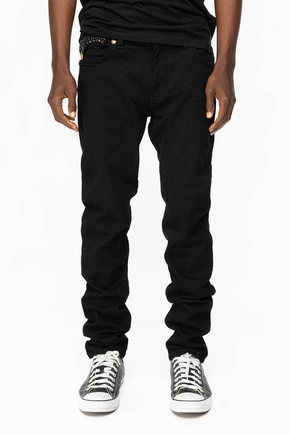 KILLER FLAP MENS SKINNY JEANS IN PURE BLACK WITH GOLD ROBIN’S LOGO AND FULL CRYSTALS