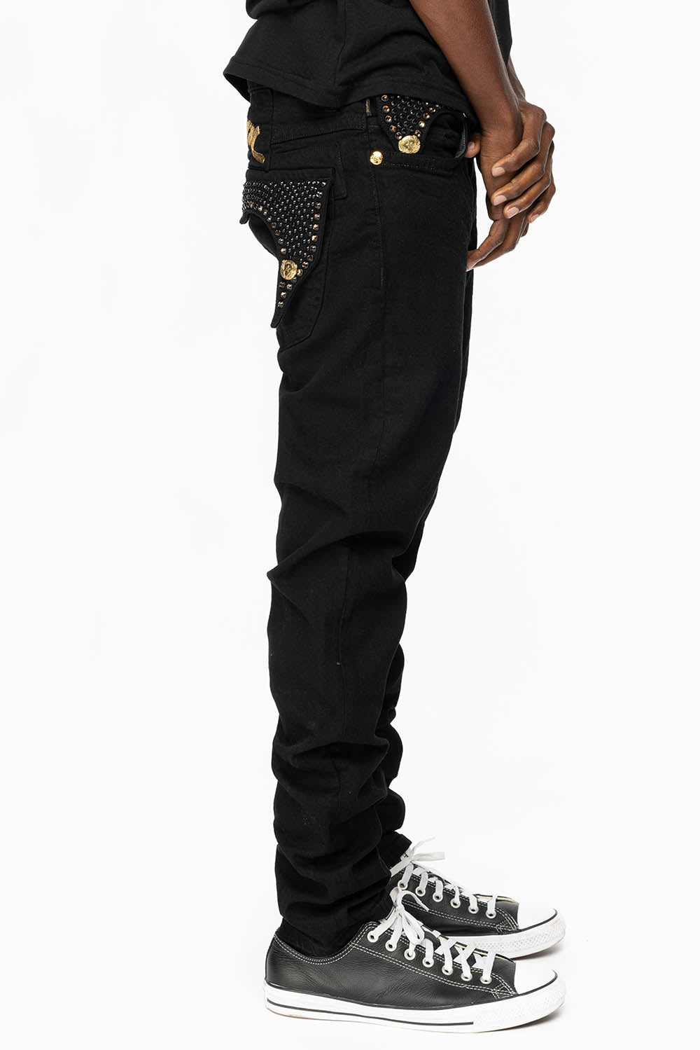 KILLER FLAP MENS SKINNY JEANS IN PURE BLACK WITH GOLD ROBIN’S LOGO AND FULL CRYSTALS
