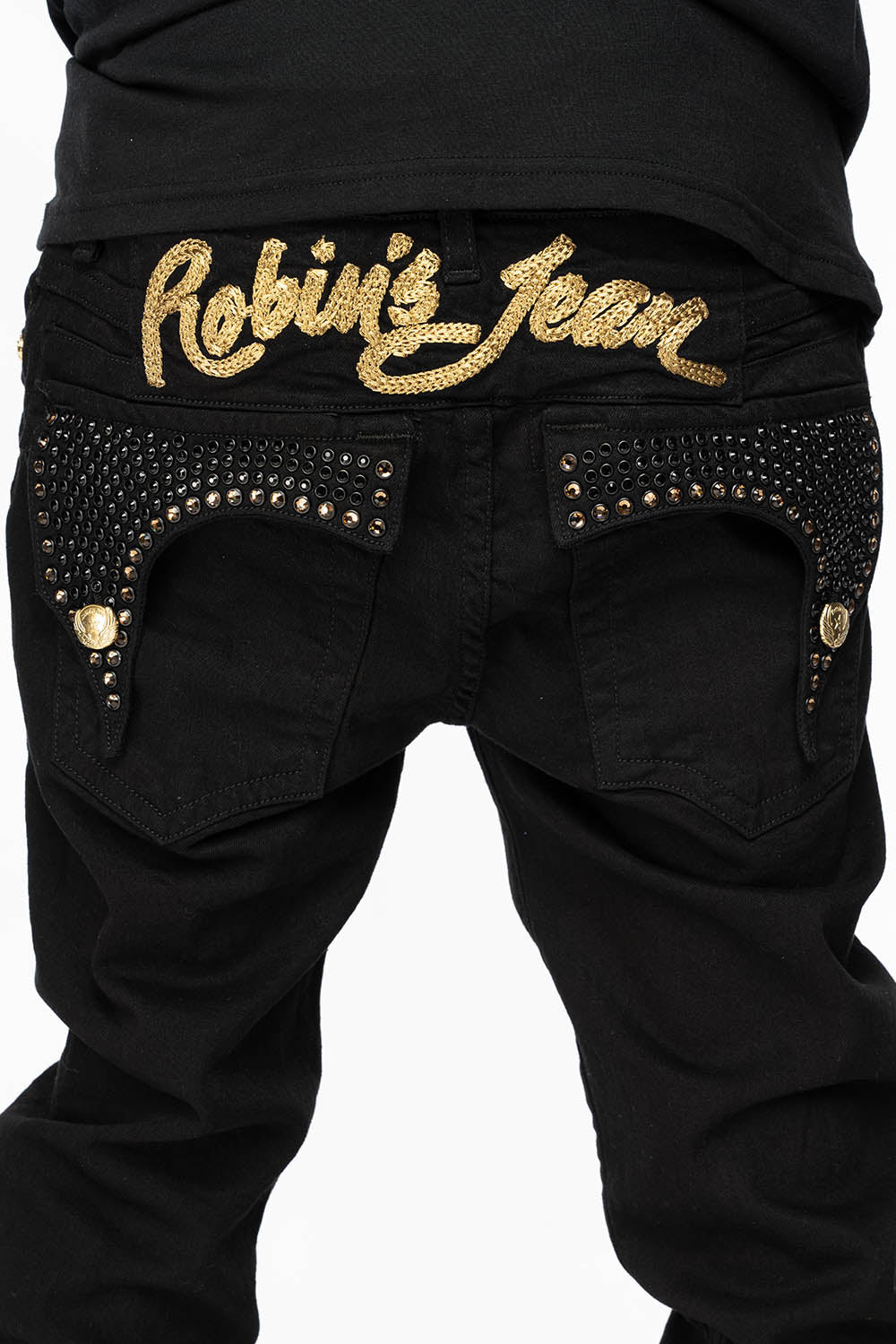 KILLER FLAP MENS SKINNY JEANS IN PURE BLACK WITH GOLD ROBIN’S LOGO AND FULL CRYSTALS