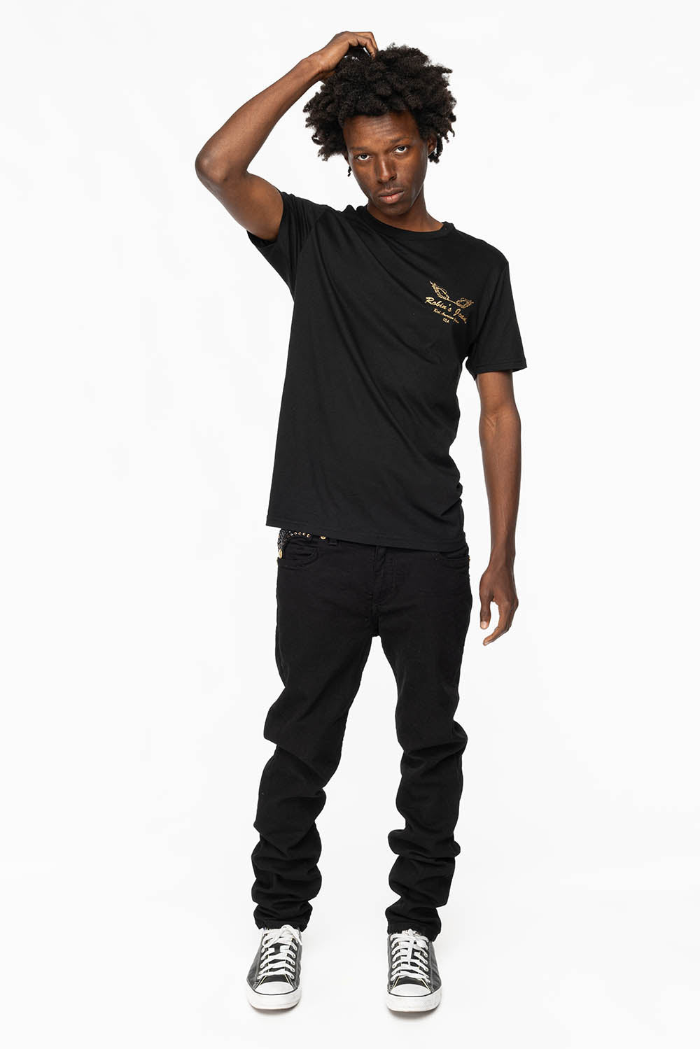 KILLER FLAP MENS SKINNY JEANS IN PURE BLACK WITH GOLD ROBIN’S LOGO AND FULL CRYSTALS