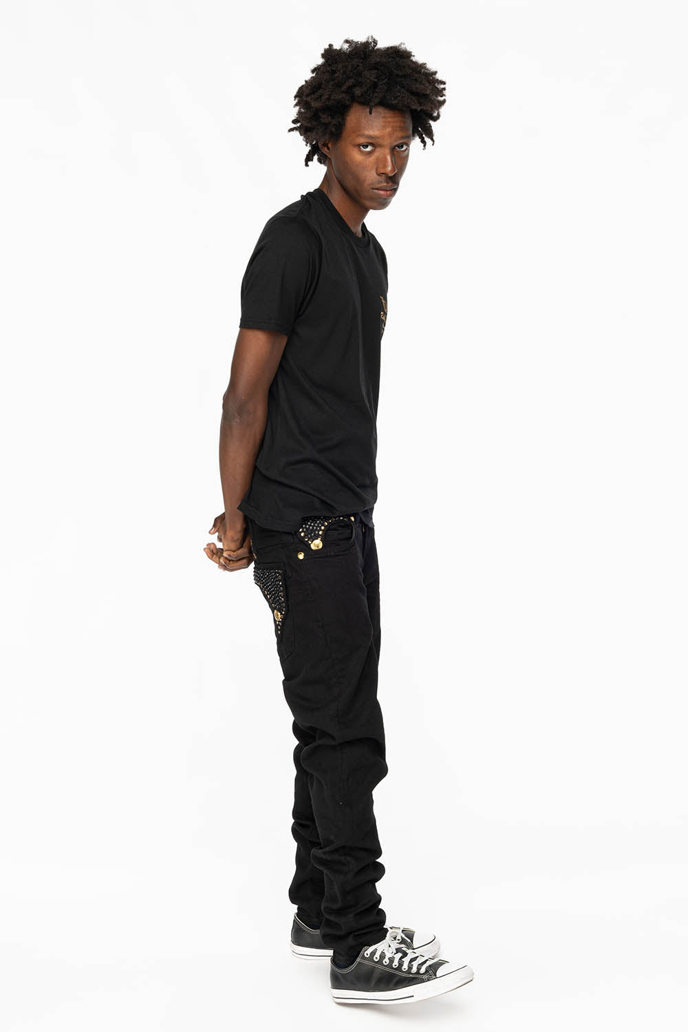 KILLER FLAP MENS SKINNY JEANS IN PURE BLACK WITH GOLD ROBIN’S LOGO AND FULL CRYSTALS