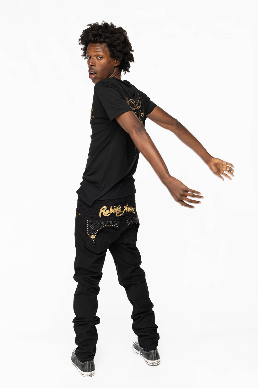 KILLER FLAP MENS SKINNY JEANS IN PURE BLACK WITH GOLD ROBIN’S LOGO AND FULL CRYSTALS