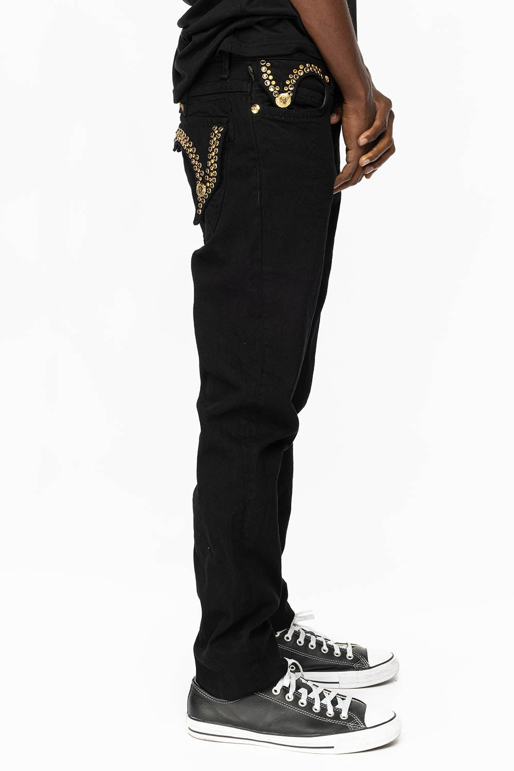 KILLER FLAP MENS SKINNY JEANS IN PURE BLACK WITH GOLD ROBIN’S LOGO AND GOLD AURUM CRYSTALS