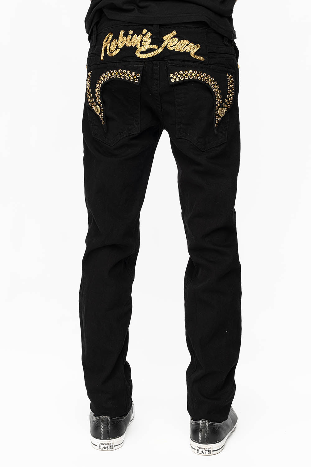 KILLER FLAP MENS SKINNY JEANS IN PURE BLACK WITH GOLD ROBIN’S LOGO AND GOLD AURUM CRYSTALS