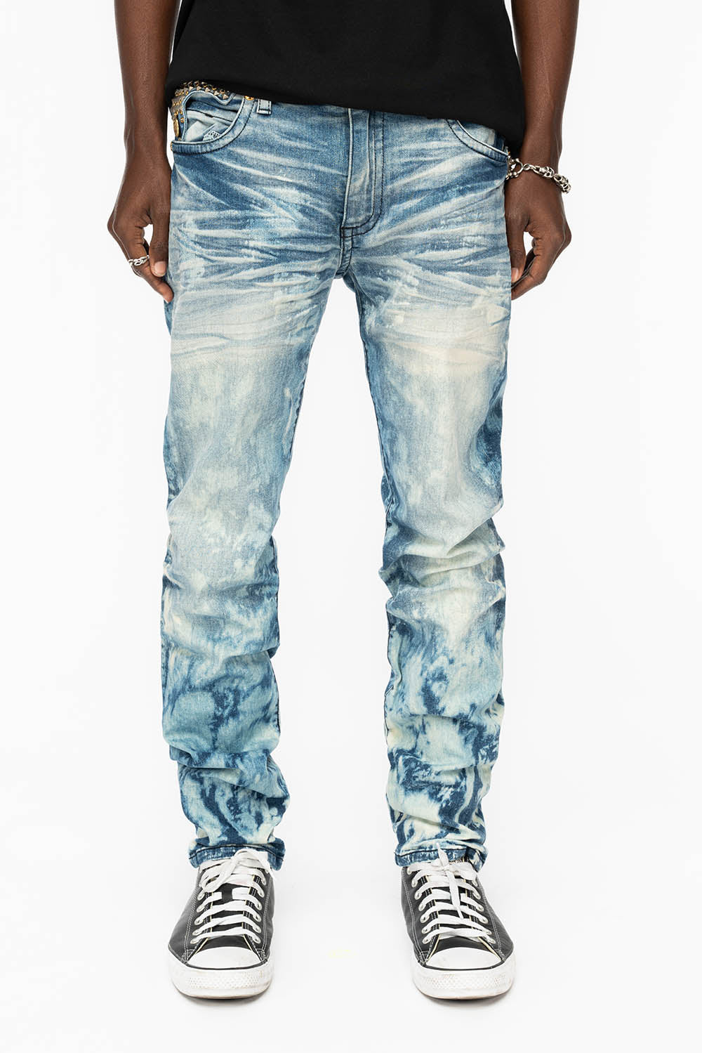 KILLER FLAP MENS SKINNY JEANS IN CLOUD JAPAN WITH SILVER PYRAMID AND AB CRYSTALS