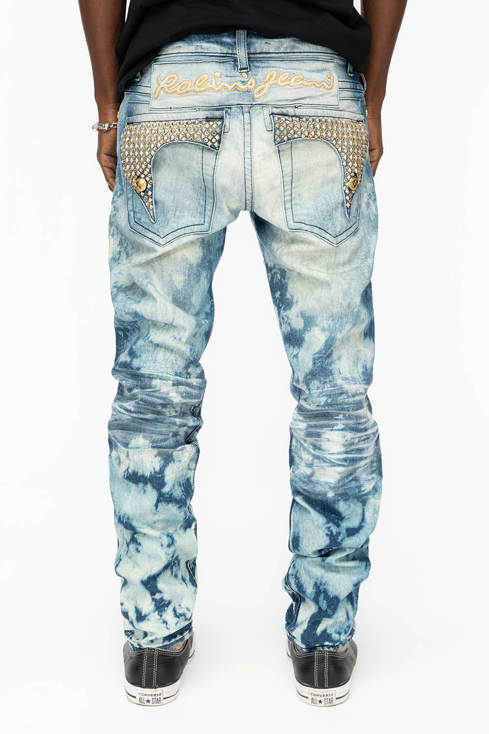 KILLER FLAP MENS SKINNY JEANS IN CLOUD JAPAN WITH SILVER PYRAMID AND AB CRYSTALS