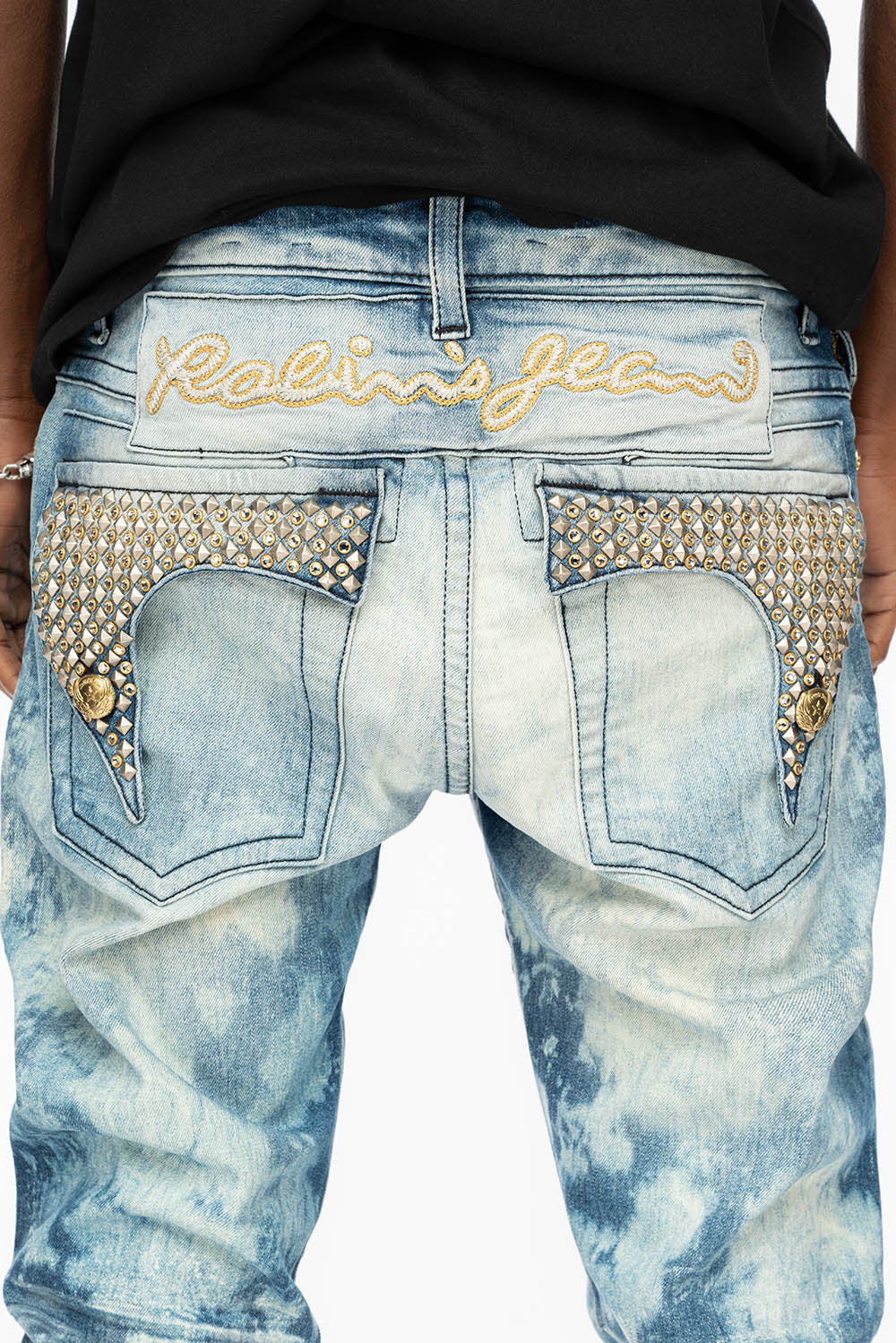 KILLER FLAP MENS SKINNY JEANS IN CLOUD JAPAN WITH SILVER PYRAMID AND AB CRYSTALS