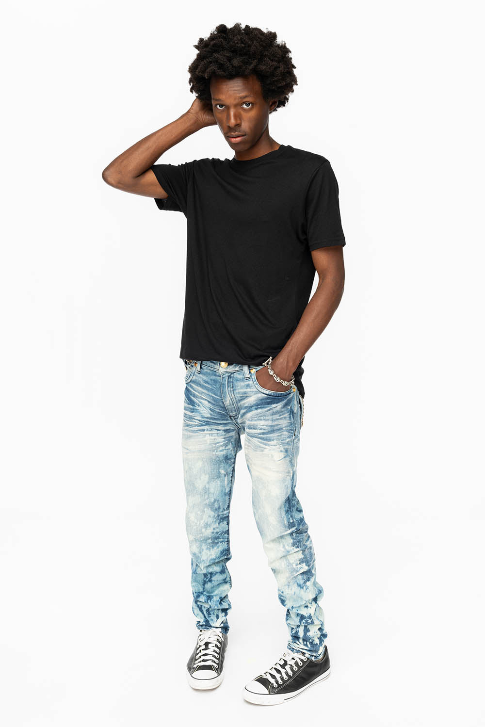 KILLER FLAP MENS SKINNY JEANS IN CLOUD JAPAN WITH SILVER PYRAMID AND AB CRYSTALS