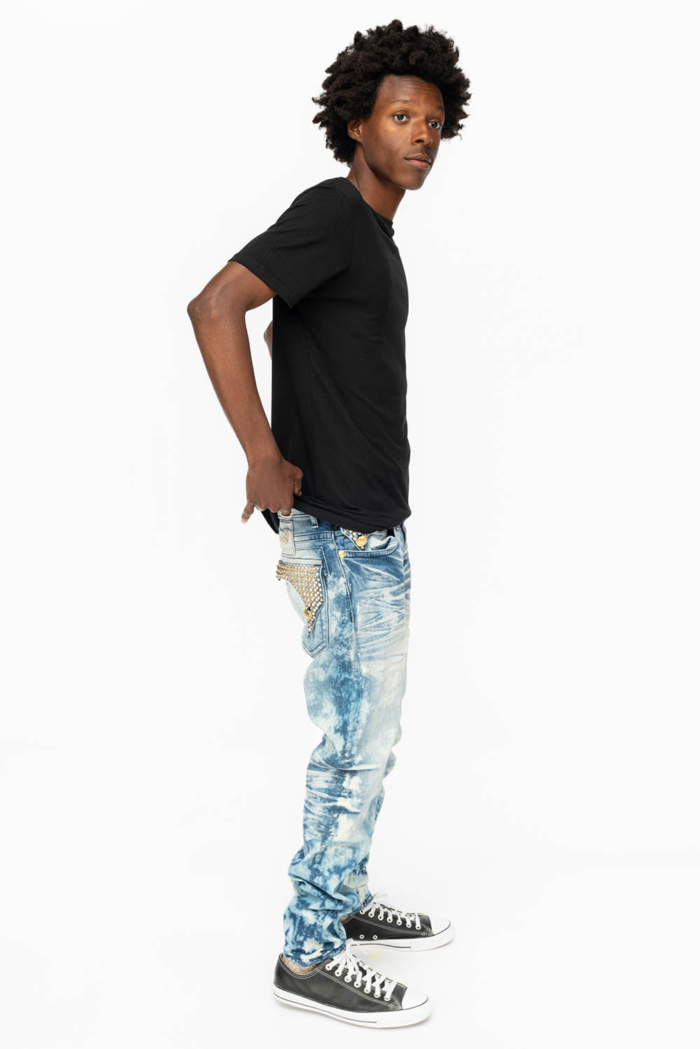 KILLER FLAP MENS SKINNY JEANS IN CLOUD JAPAN WITH SILVER PYRAMID AND AB CRYSTALS