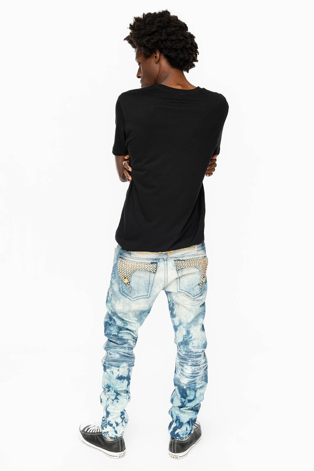 KILLER FLAP MENS SKINNY JEANS IN CLOUD JAPAN WITH SILVER PYRAMID AND AB CRYSTALS