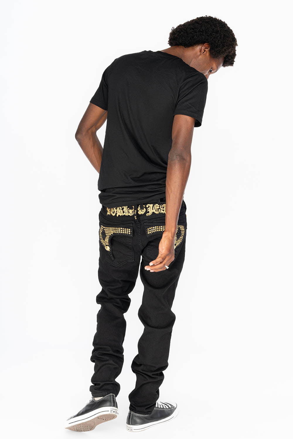 KILLER FLAP MENS SKINNY JEANS IN PURE BLACK WITH GOLD GOTHIC EMBROIDERY FULLY EMBELLISHED  CRYSTALS