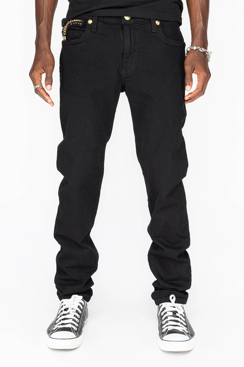 KILLER FLAP MENS SKINNY JEANS IN PURE BLACK WITH GOLD WINGS AND FULL CRYSTAL