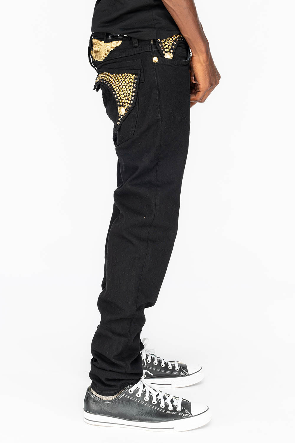 KILLER FLAP MENS SKINNY JEANS IN PURE BLACK WITH GOLD WINGS AND FULL CRYSTAL