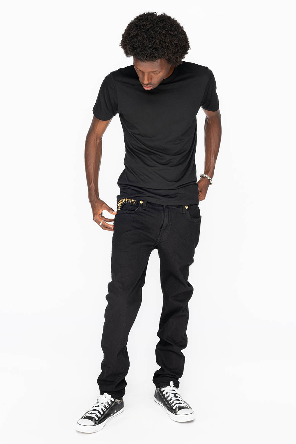 KILLER FLAP MENS SKINNY JEANS IN PURE BLACK WITH GOLD WINGS AND FULL CRYSTAL