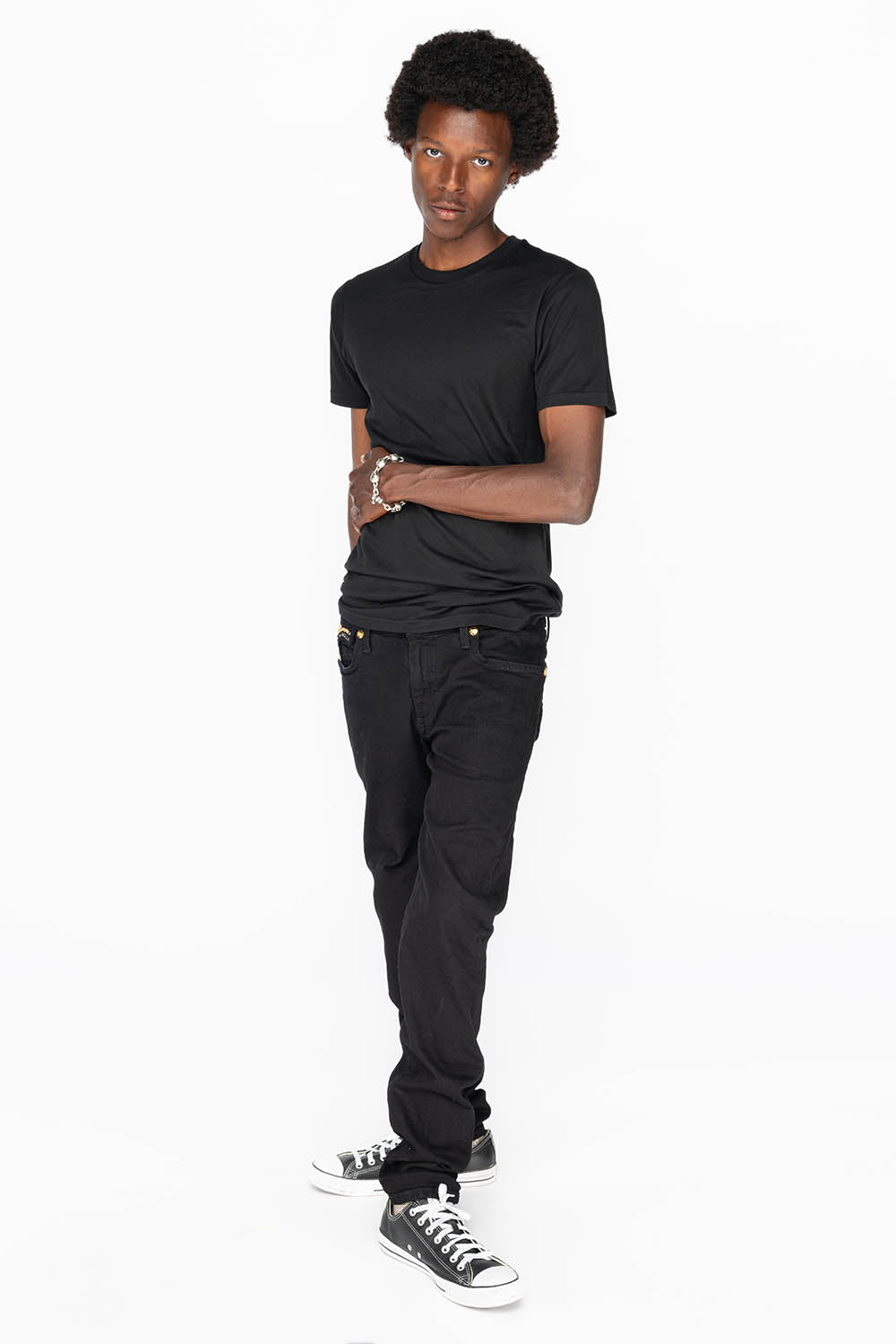 KILLER FLAP MENS SKINNY JEANS IN PURE BLACK WITH GOLD WINGS AND FULL CRYSTAL