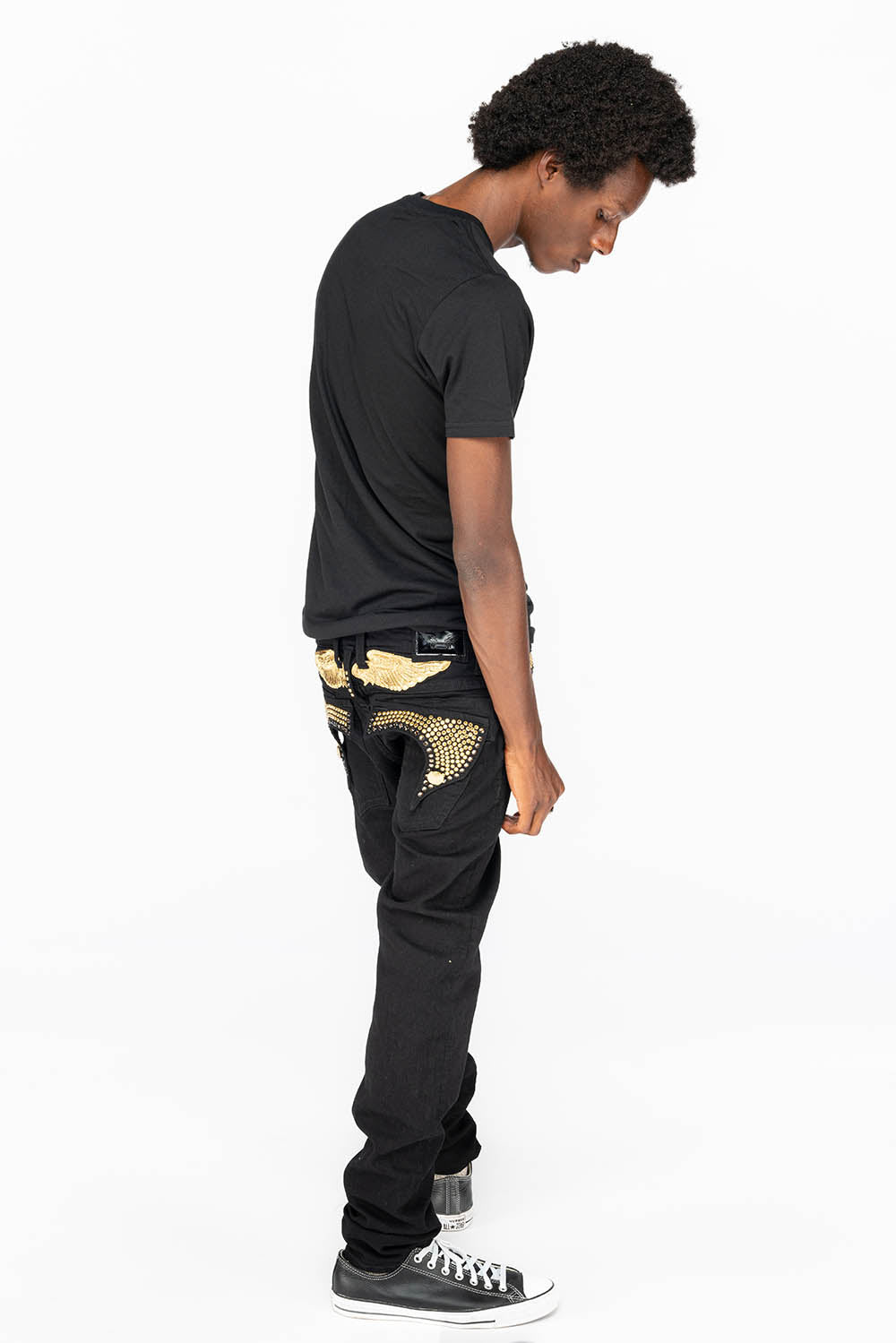 KILLER FLAP MENS SKINNY JEANS IN PURE BLACK WITH GOLD WINGS AND FULL CRYSTAL