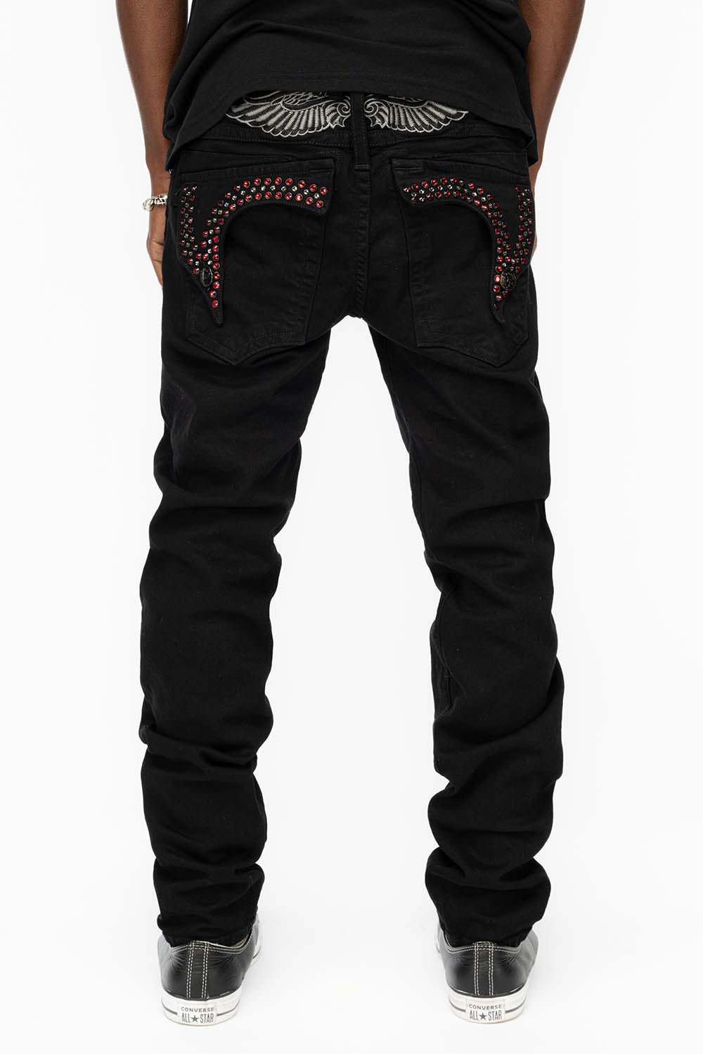 KILLER FLAP MENS SKINNY JEANS IN BLACK COLOR WASH WITH RED AND JET BLACK CRYSTALS
