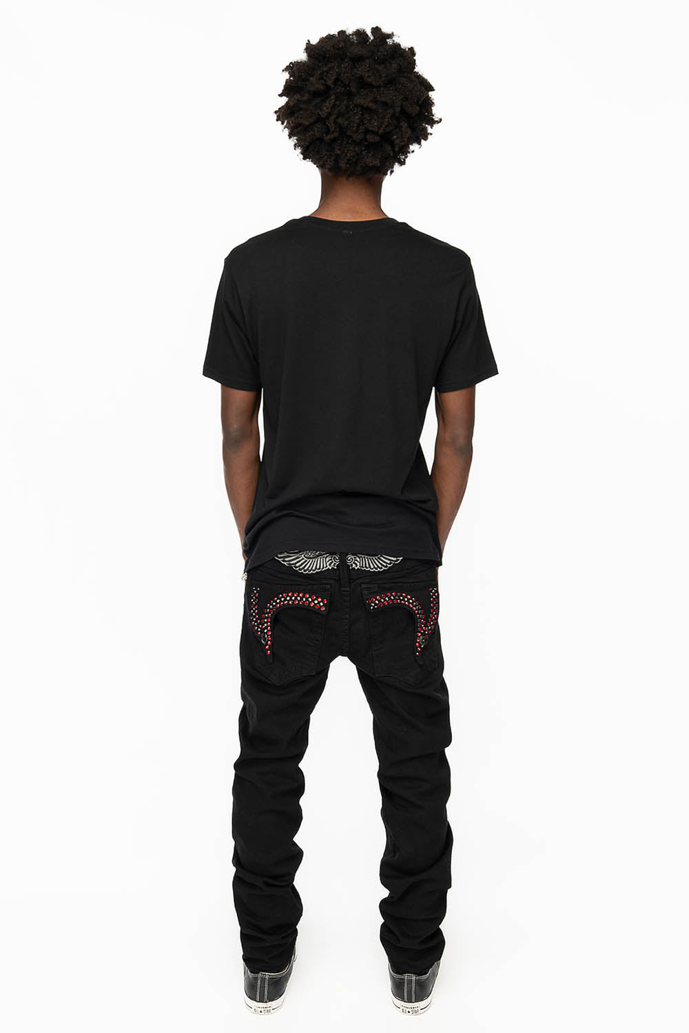 KILLER FLAP MENS SKINNY JEANS IN BLACK COLOR WASH WITH RED AND JET BLACK CRYSTALS