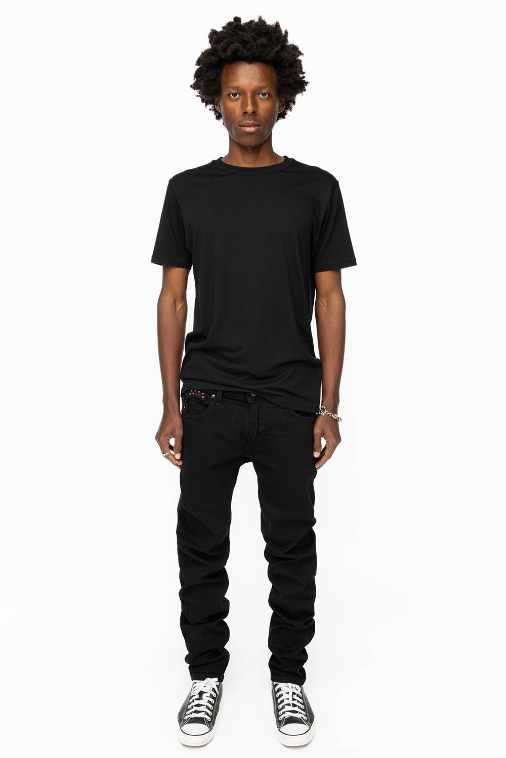 KILLER FLAP MENS SKINNY JEANS IN BLACK COLOR WASH WITH RED AND JET BLACK CRYSTALS