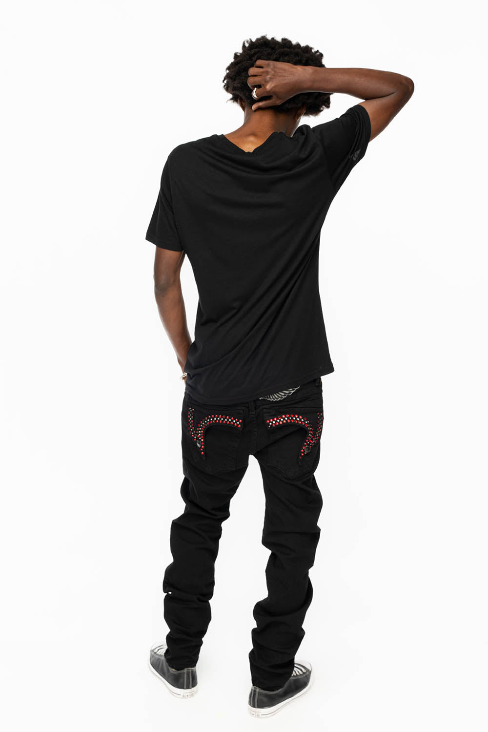 KILLER FLAP MENS SKINNY JEANS IN BLACK COLOR WASH WITH RED AND JET BLACK CRYSTALS