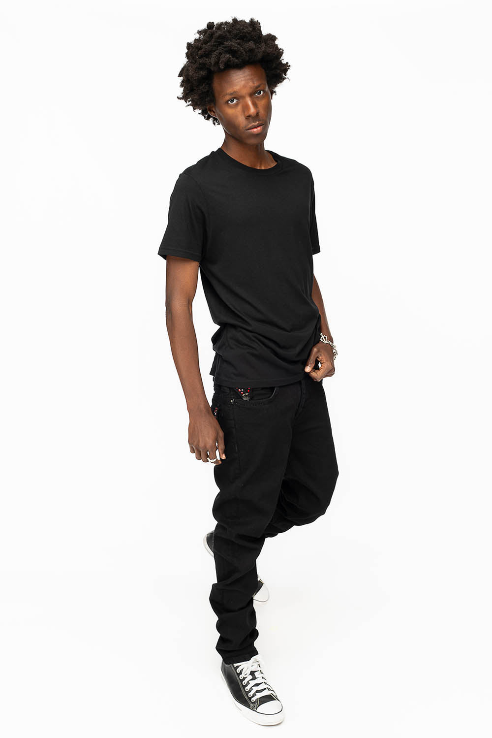KILLER FLAP MENS SKINNY JEANS IN BLACK COLOR WASH WITH RED AND JET BLACK CRYSTALS