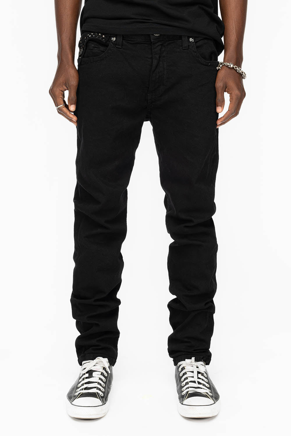 KILLER FLAP MENS SKINNY JEANS IN BLACK COLOR WASH WITH BLACK DIAMOND AND JET BLACK CRYSTALS