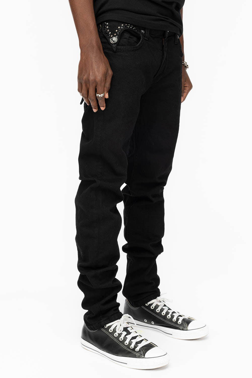 KILLER FLAP MENS SKINNY JEANS IN BLACK COLOR WASH WITH BLACK DIAMOND AND JET BLACK CRYSTALS