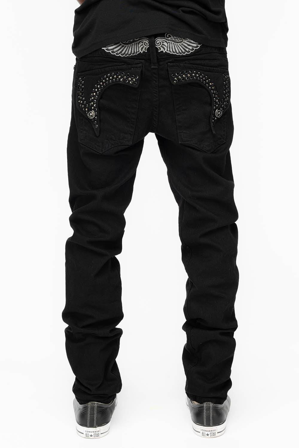KILLER FLAP MENS SKINNY JEANS IN BLACK COLOR WASH WITH BLACK DIAMOND AND JET BLACK CRYSTALS