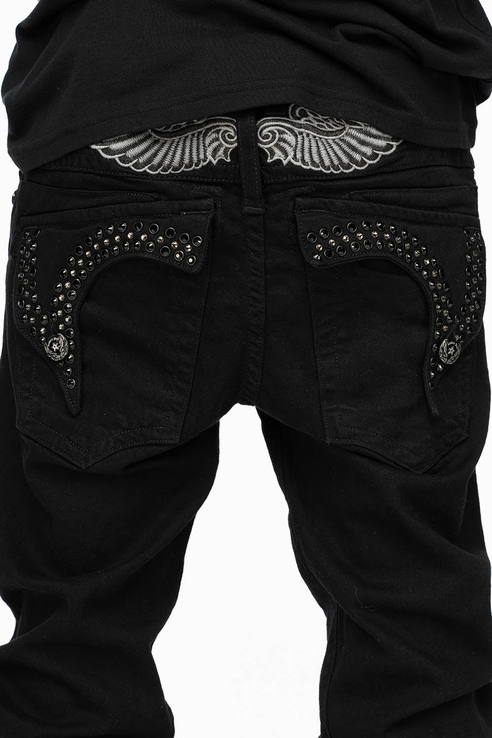 KILLER FLAP MENS SKINNY JEANS IN BLACK COLOR WASH WITH BLACK DIAMOND AND JET BLACK CRYSTALS