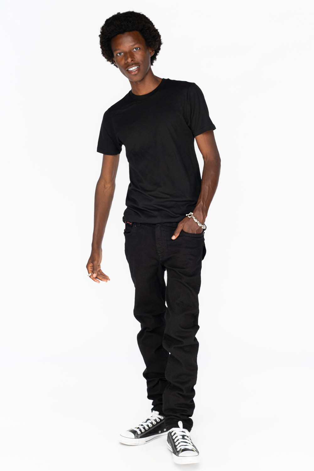 KILLER FLAP MENS SKINNY JEANS IN PURE BLACK WITH BLK TONAL WINGS AND FULL RED CRYSTALS