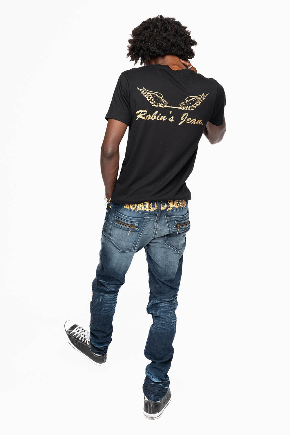 NEW BIKER IN BLUE STONE WASH WITH GOLD EMBROIDERED O.E SCRIPT