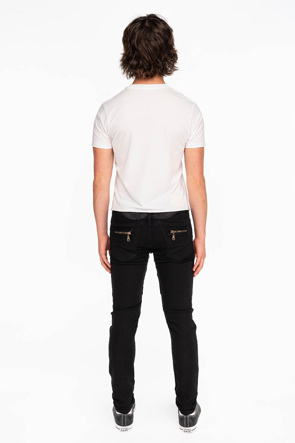 MENS NEW BIKER SKINNY JEANS IN PURE BLACK WITH WINGS