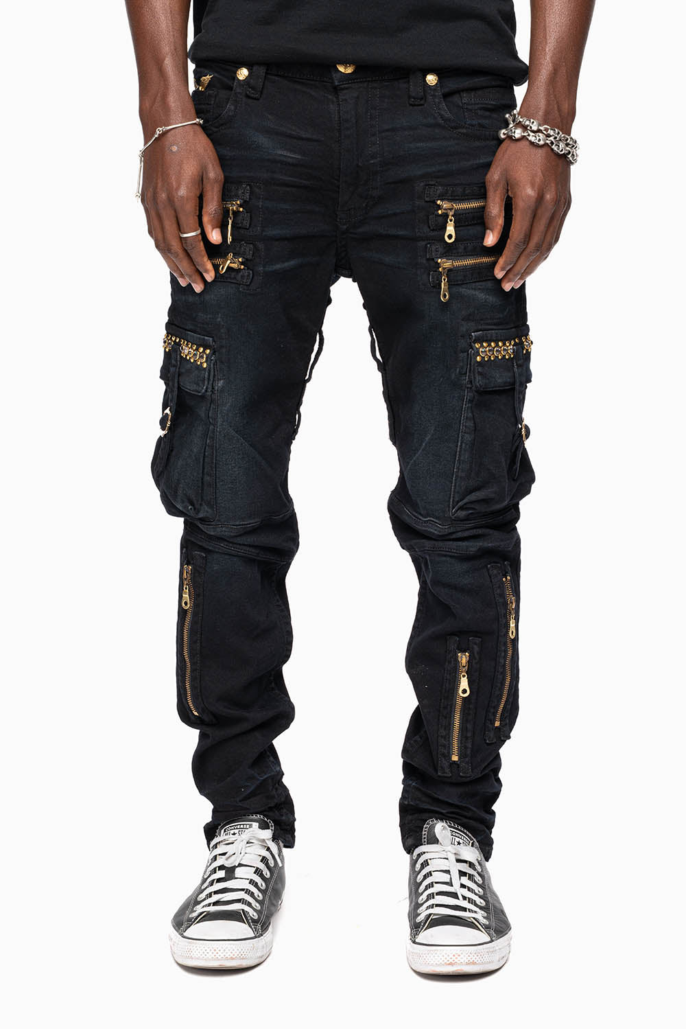 パンツ   jeans cargo pants MEN'S MILITARY STYLE CARGO MOTO- ZIP JEANS IN PURE BLACK