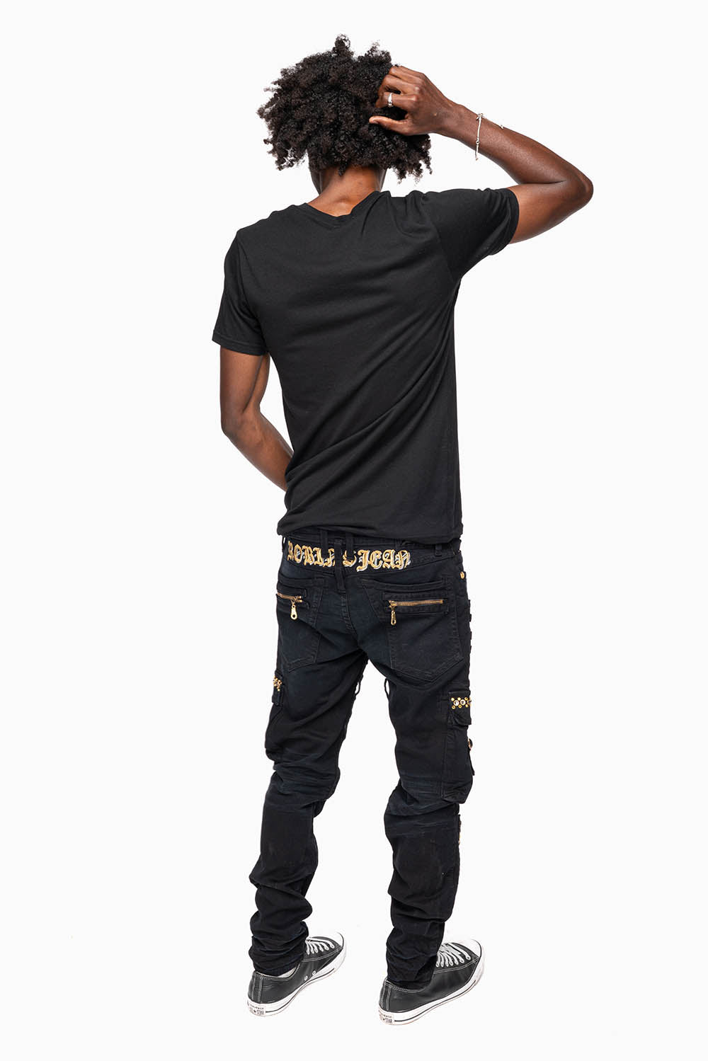 MEN’S MILITARY STYLE CARGO MOTO- ZIP JEANS IN PURE BLACK EMBELLISHED WITH CRYSTALS