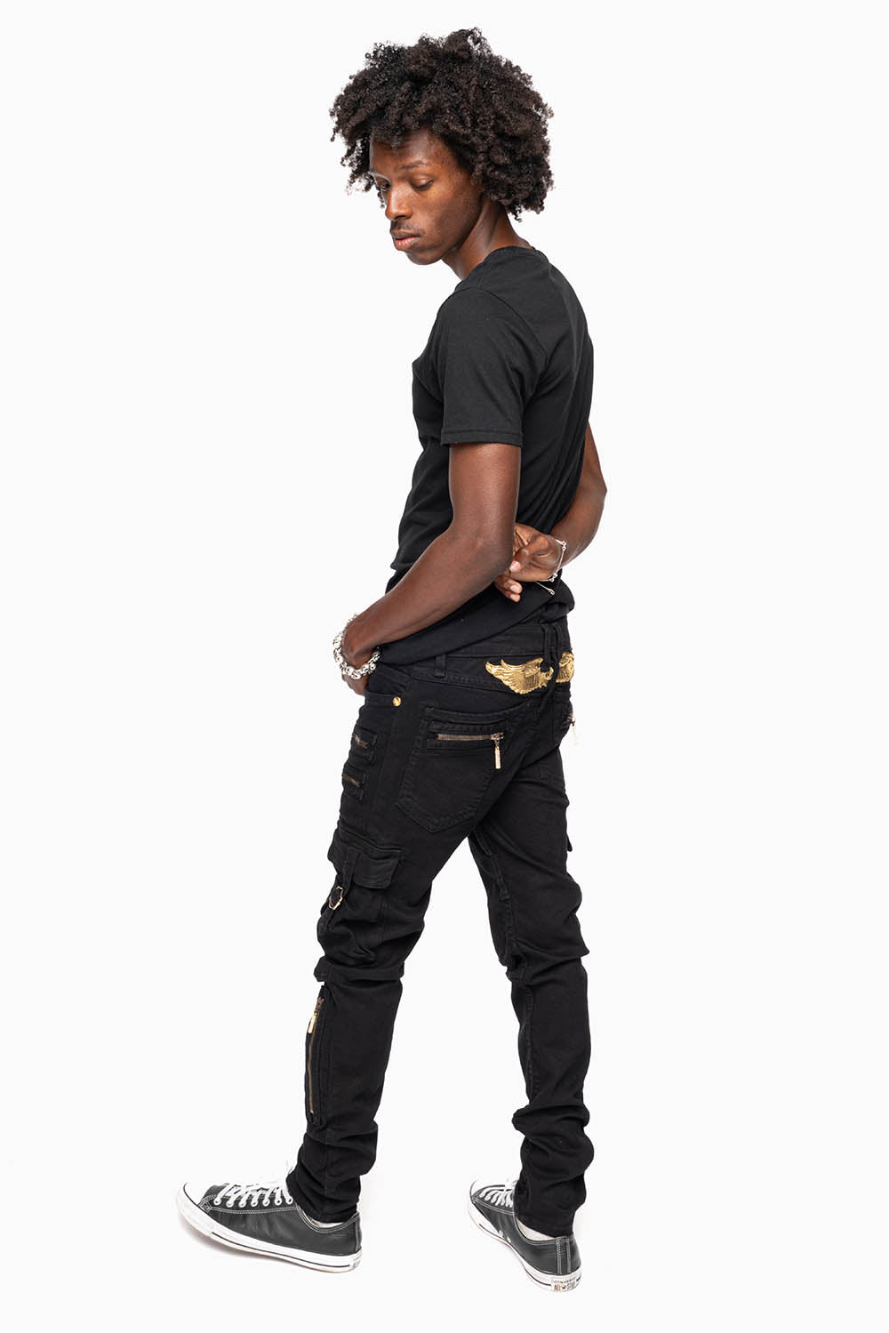 MEN’S MILITARY STYLE CARGO MOTO- ZIP JEANS IN PURE BLACK