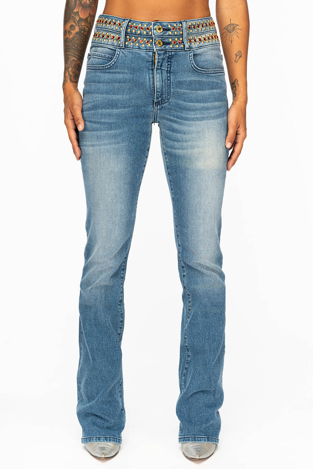 WOMENS DOUBLE WAISTBAND HIGH RISE FLAIR JEANS IN MEDIUM ANTIQUE WASH WITH RED CRYSTALS & GOLD NAILHEADS