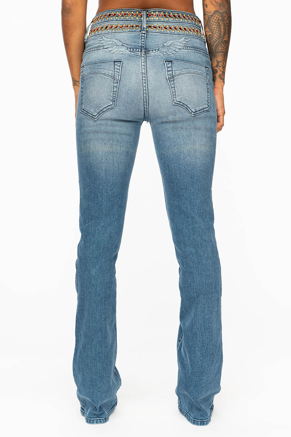 WOMENS DOUBLE WAISTBAND HIGH RISE FLAIR JEANS IN MEDIUM ANTIQUE WASH WITH RED CRYSTALS & GOLD NAILHEADS