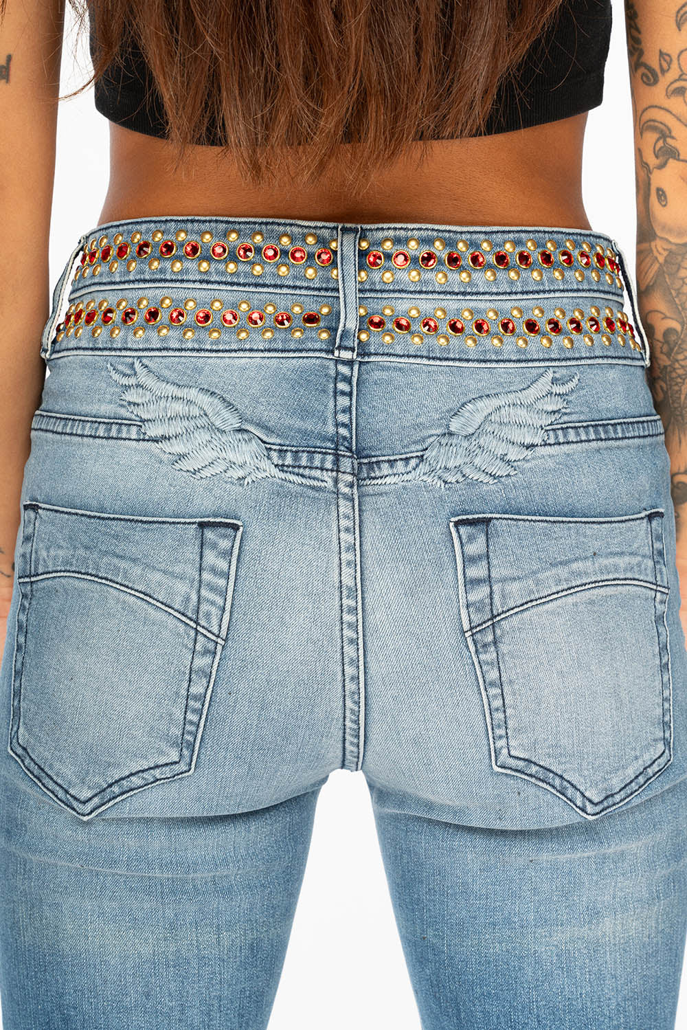 WOMENS DOUBLE WAISTBAND HIGH RISE FLAIR JEANS IN MEDIUM ANTIQUE WASH WITH RED CRYSTALS & GOLD NAILHEADS