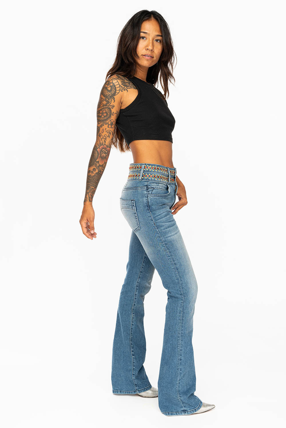 WOMENS DOUBLE WAISTBAND HIGH RISE FLAIR JEANS IN MEDIUM ANTIQUE WASH WITH RED CRYSTALS & GOLD NAILHEADS