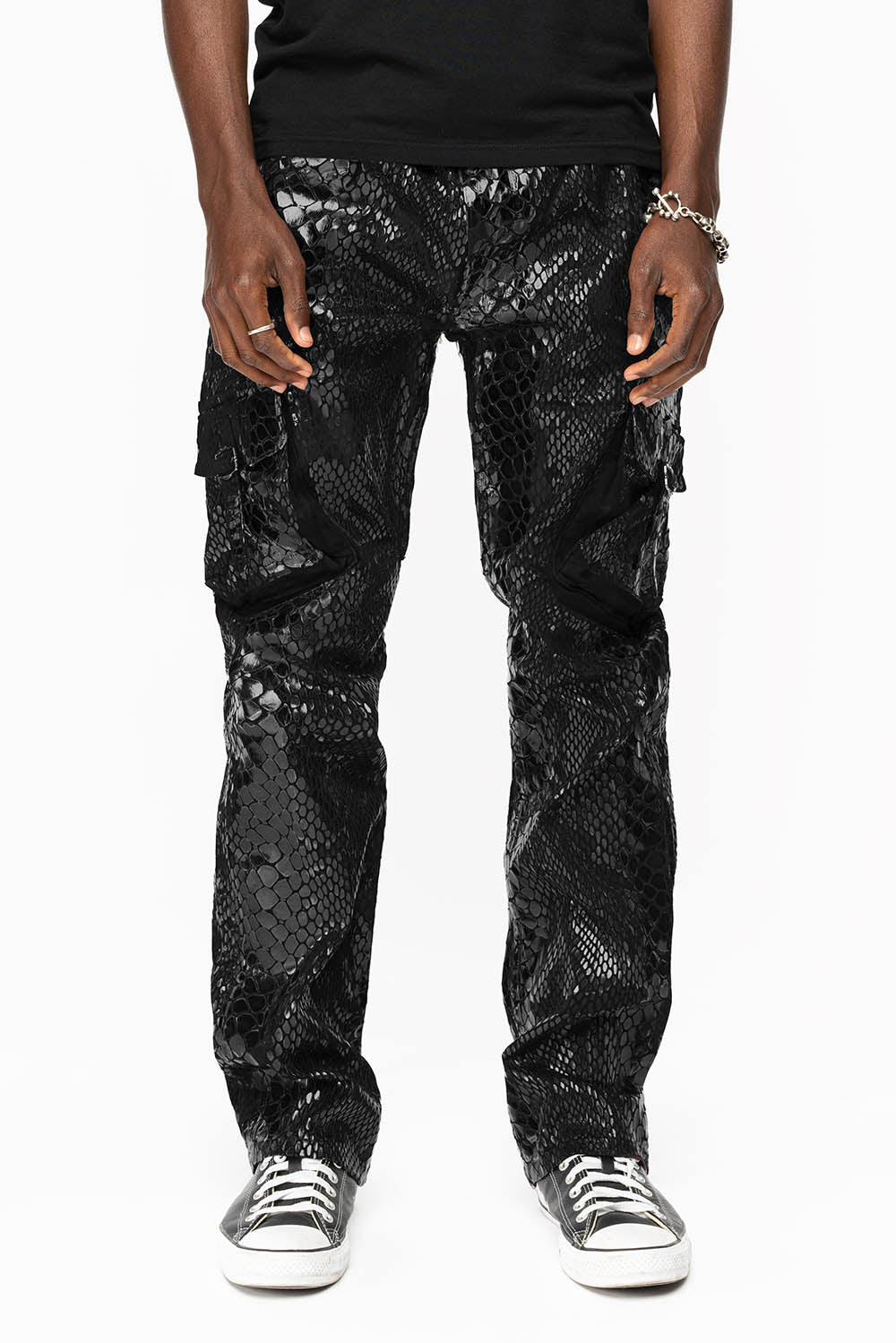 ROBINS NEW MILITARY STYLE CARGO PANTS IN LIZARD BLACK WITH EMBROIDERY