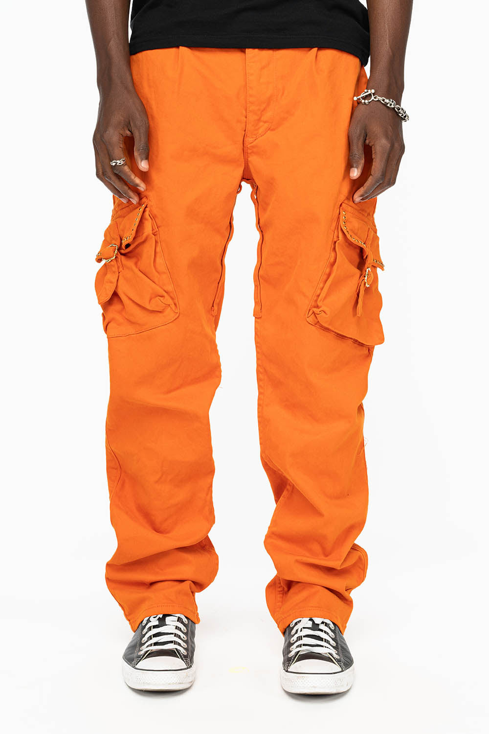ROBINS NEW MILITARY STYLE CARGO PANTS IN ORANGE WITH ORANGE CRYSTALS