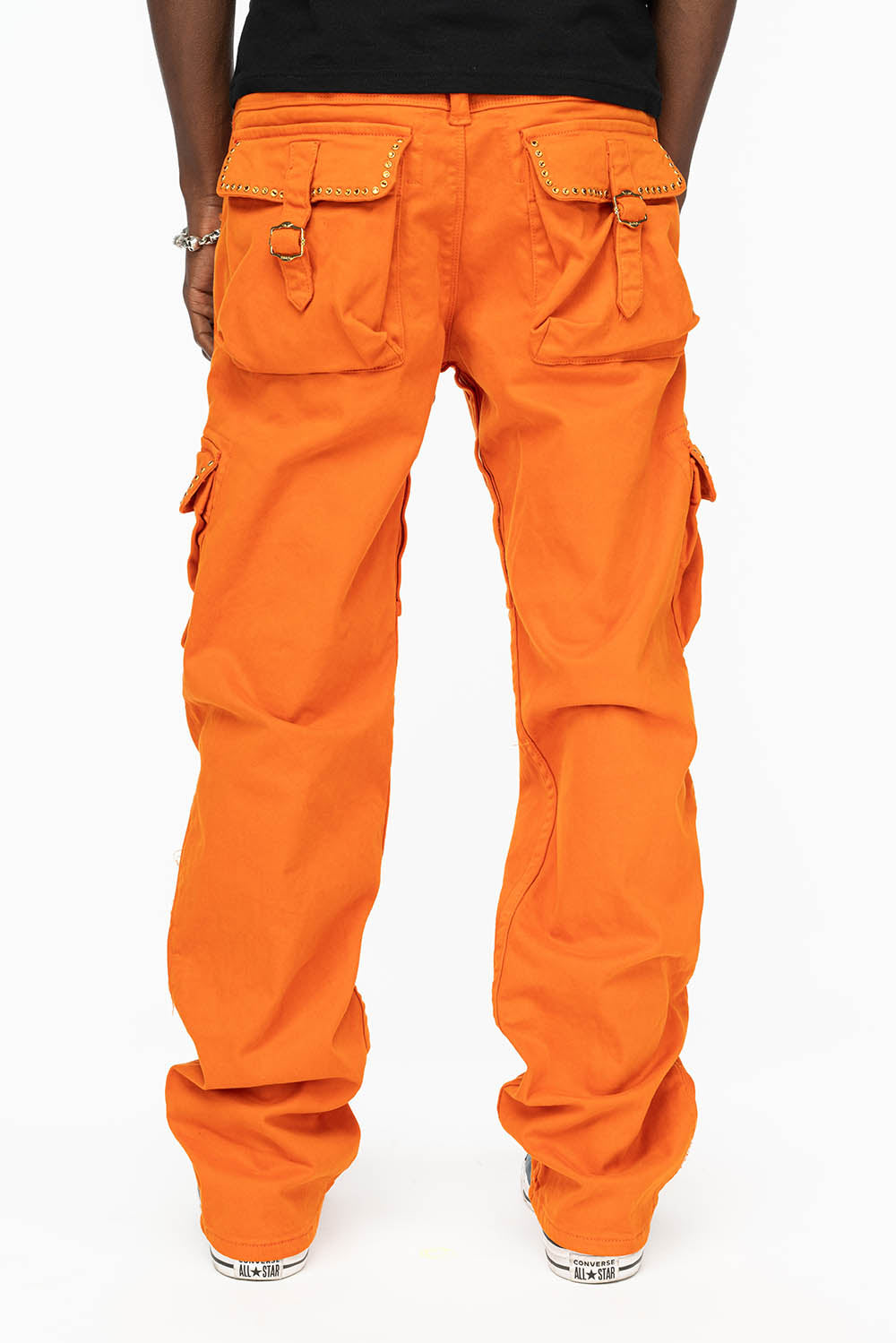 ROBINS NEW MILITARY STYLE CARGO PANTS IN ORANGE WITH ORANGE CRYSTALS