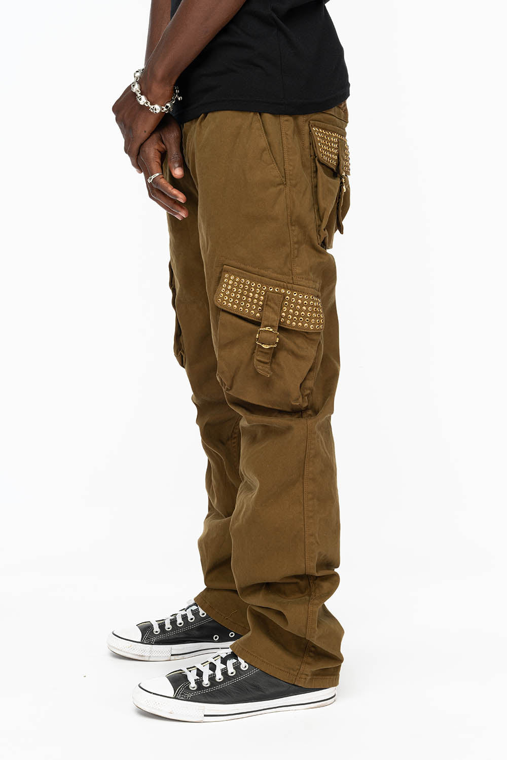 ROBINS NEW MILITARY STYLE CARGO PANTS IN OLIVE WITH SMOKY TOPAZ CRYSTALS